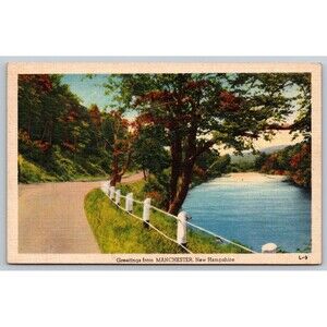 Postcard New Hampshire Manchester Greetings Country Road River Linen c1940s NH